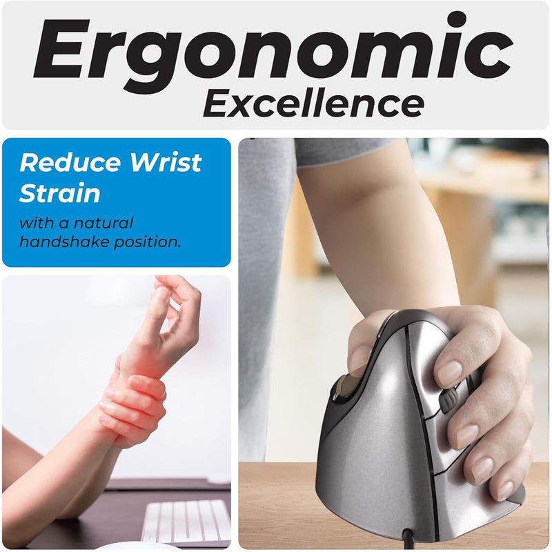 Evoluent â€“ Inventor of The Vertical Mouse â€“ VM4L Ergonomic Vertical Mouse Left Hand Wired USB, Sculpted for Comfort, Reduces Wrist Strain, 4 Speeds, 6 Customizable Buttons in Windows - Image 2